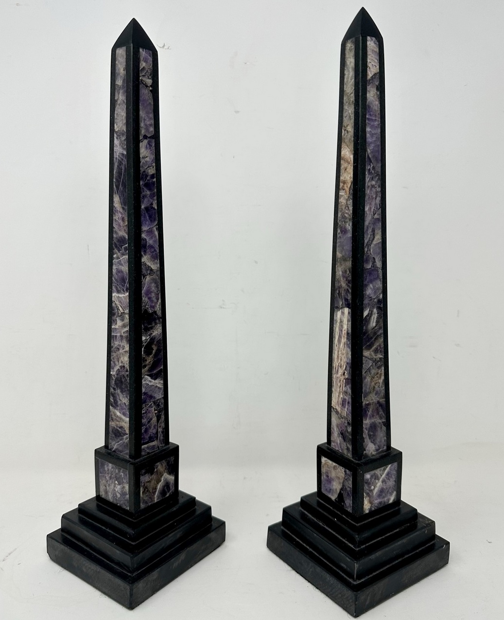 899. Antique Pair Italian Grand Tour Amethyst Blue John Marble Neoclassical Obelisks Columns