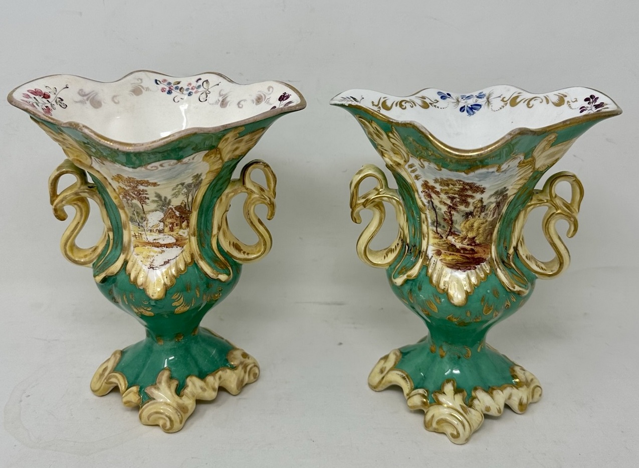 521. Antique Pair English Porcelain Green Samuel Alcock Vases Urns Still Life Flowers - Image 2