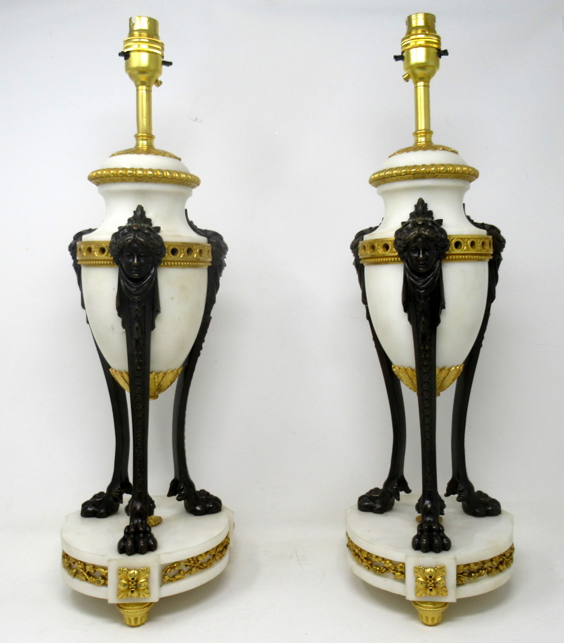 684. Antique Pair of French Ormolu Gilt Bronze White Cream Marble Urns Table Lamps - Image 3