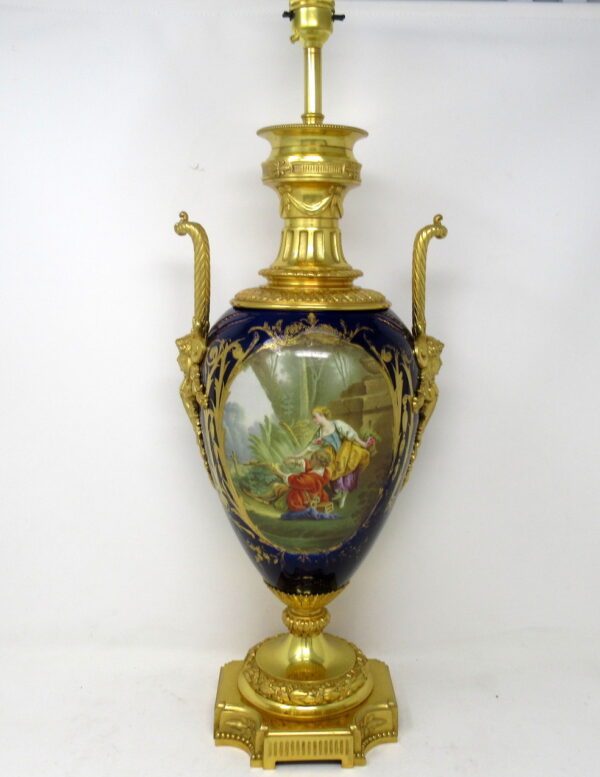 443. Antique French Sèvres Gilt Bronze Porcelain Vase Ormolu Cobalt Blue Table Lamp