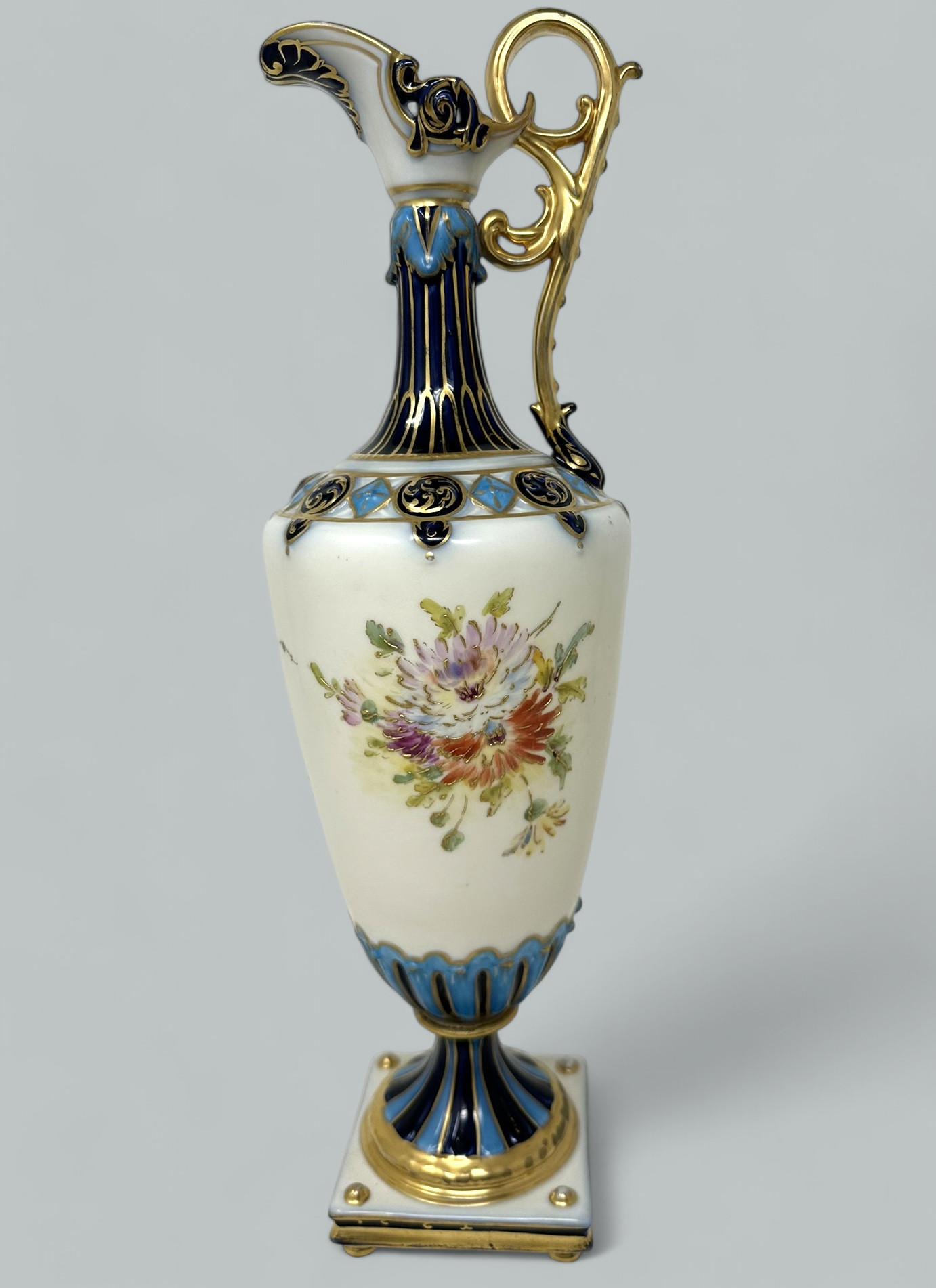 373. Antique Czechoslovakian Porcelain Hand Painted Gilt Vase Ewer Centerpiece 1920 - Image 7