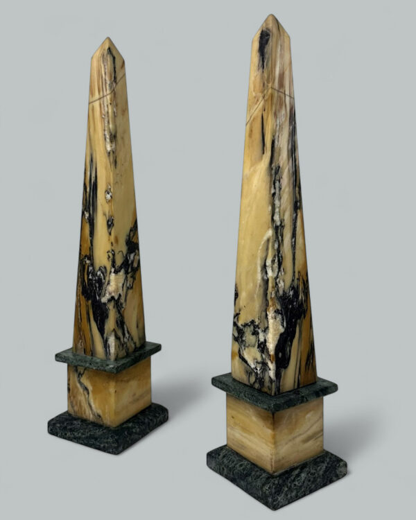 224. Antique Pair Italian Sienna Green Vert Marble Obelisks Garniture Columns 1920's