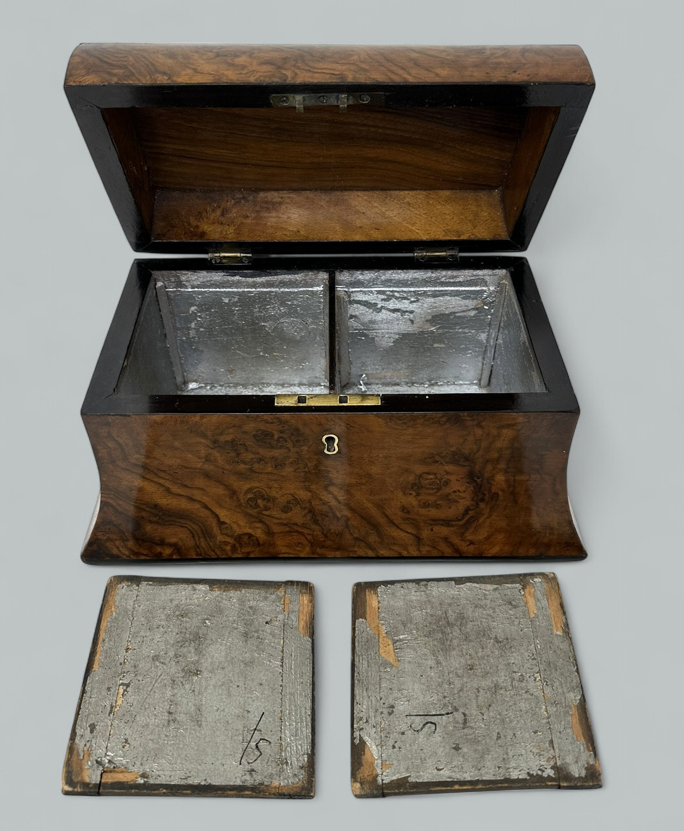 430. Antique English Burl Burr Walnut Wooden Victorian Double Tea Caddy 19th Century - Image 3