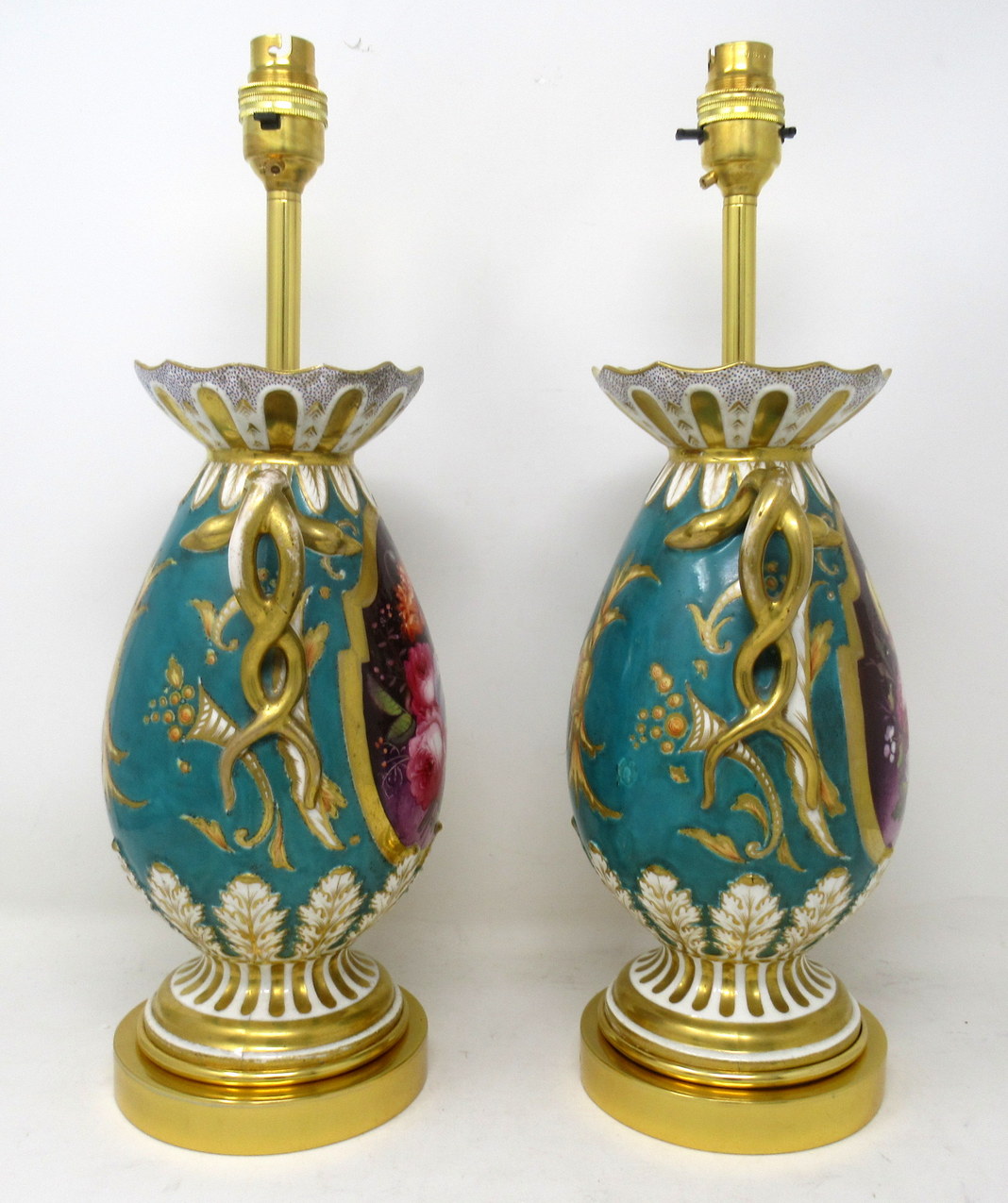 539. Antique Pair English Staffordshire Porcelain Table Lamps Ridgway or Rockingham - Image 6