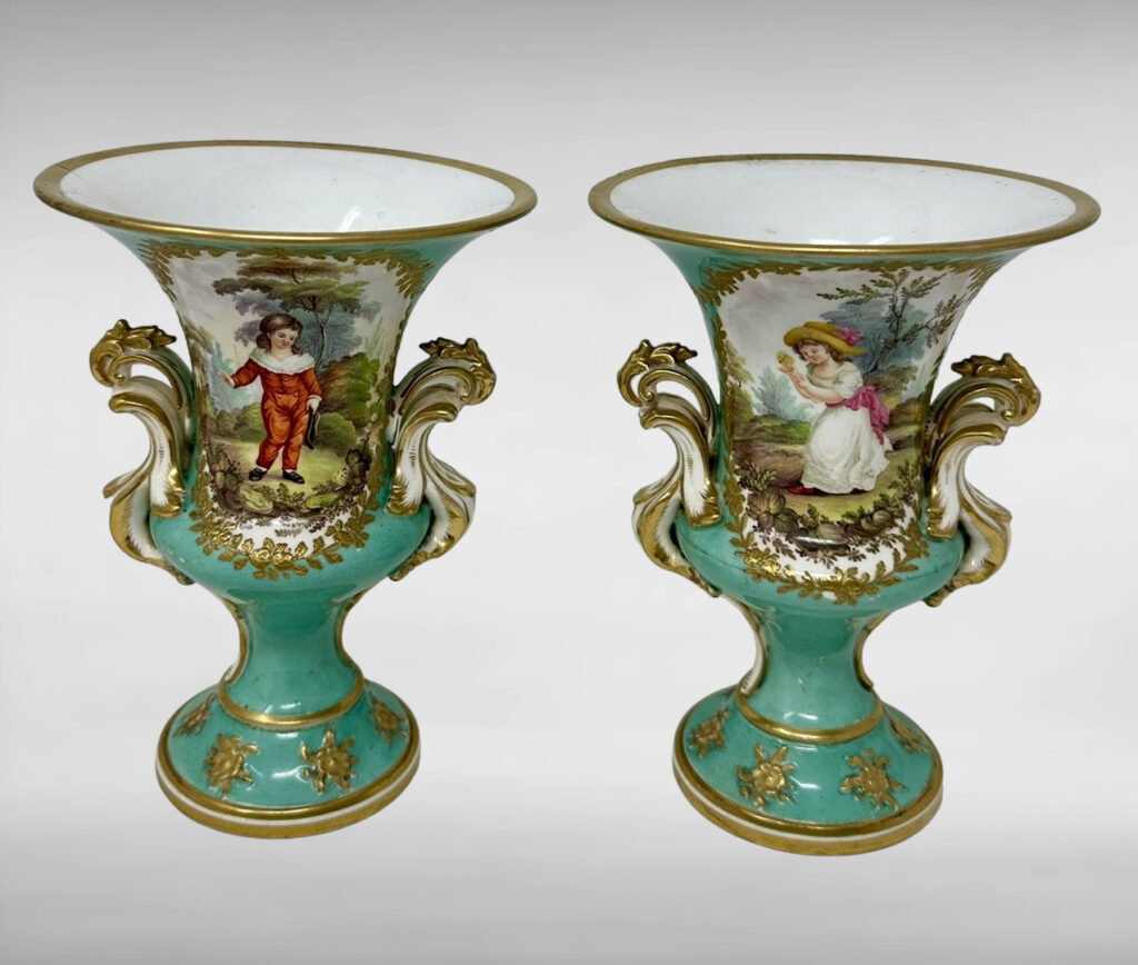764. Antique English Victorian Pair of Coalport Urns Vases Centerpieces John Randall