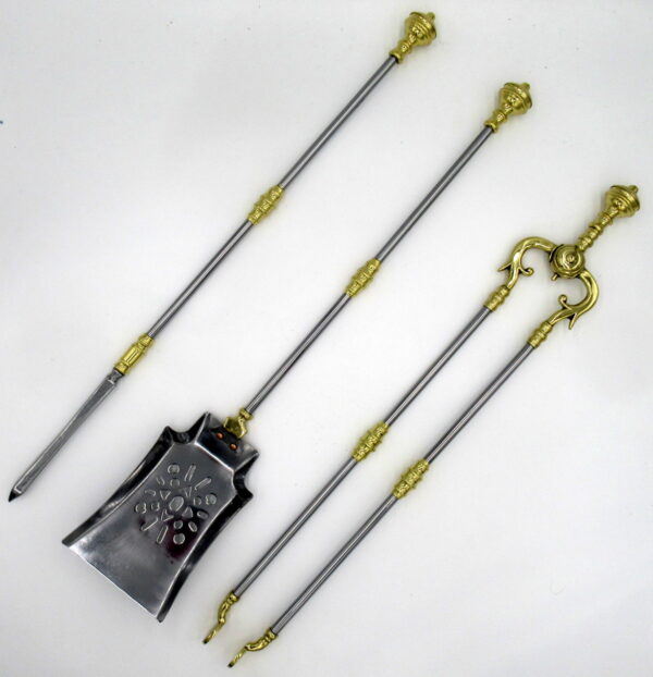 652. Set English Victorian Steel Brass Fireplace Fire Tools Irons Companion 19Century