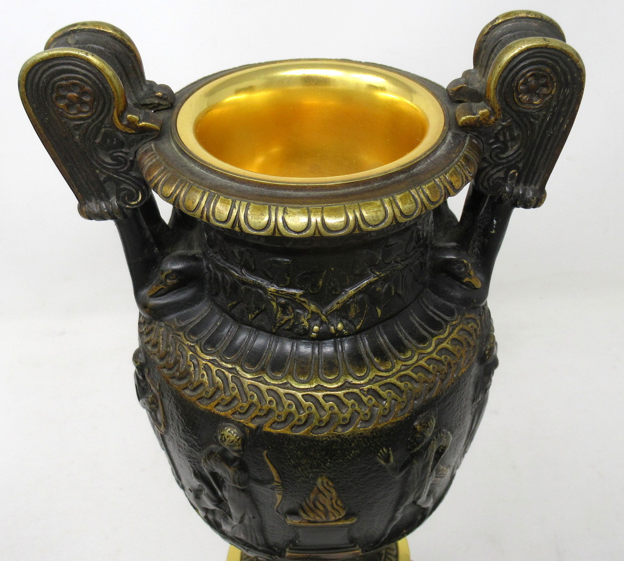 928. Antique Pair French Bronze Ormolu Townley Urns Vases Breche Violette Marble 19Ct - Image 9