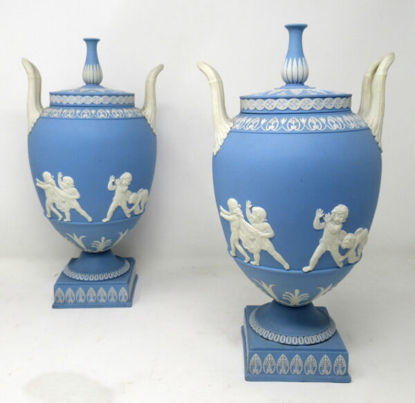 093. Antique Pair of Blue Wedgwood Jasperware Ceramic Urns Vases John Flaxman Cherubs