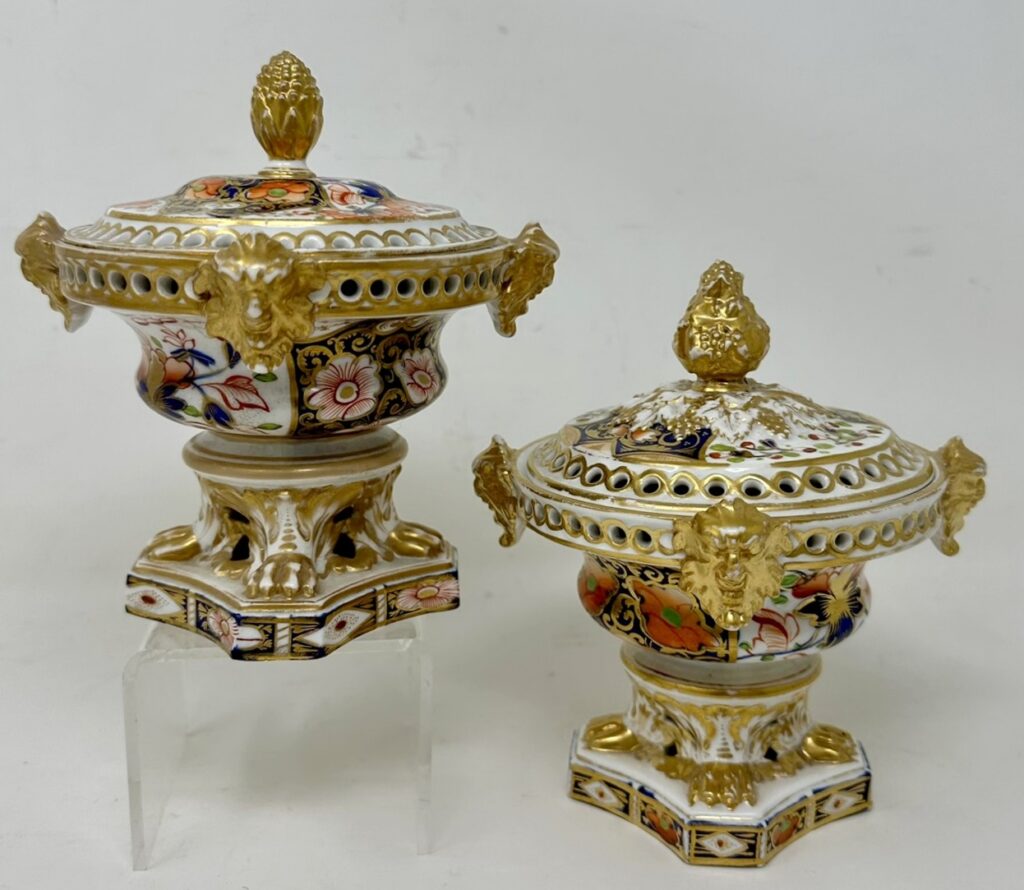 936. SOLD. Antique Regency English Crown Derby Pair Urns Vases Pot Pourri Centerpieces 1815
