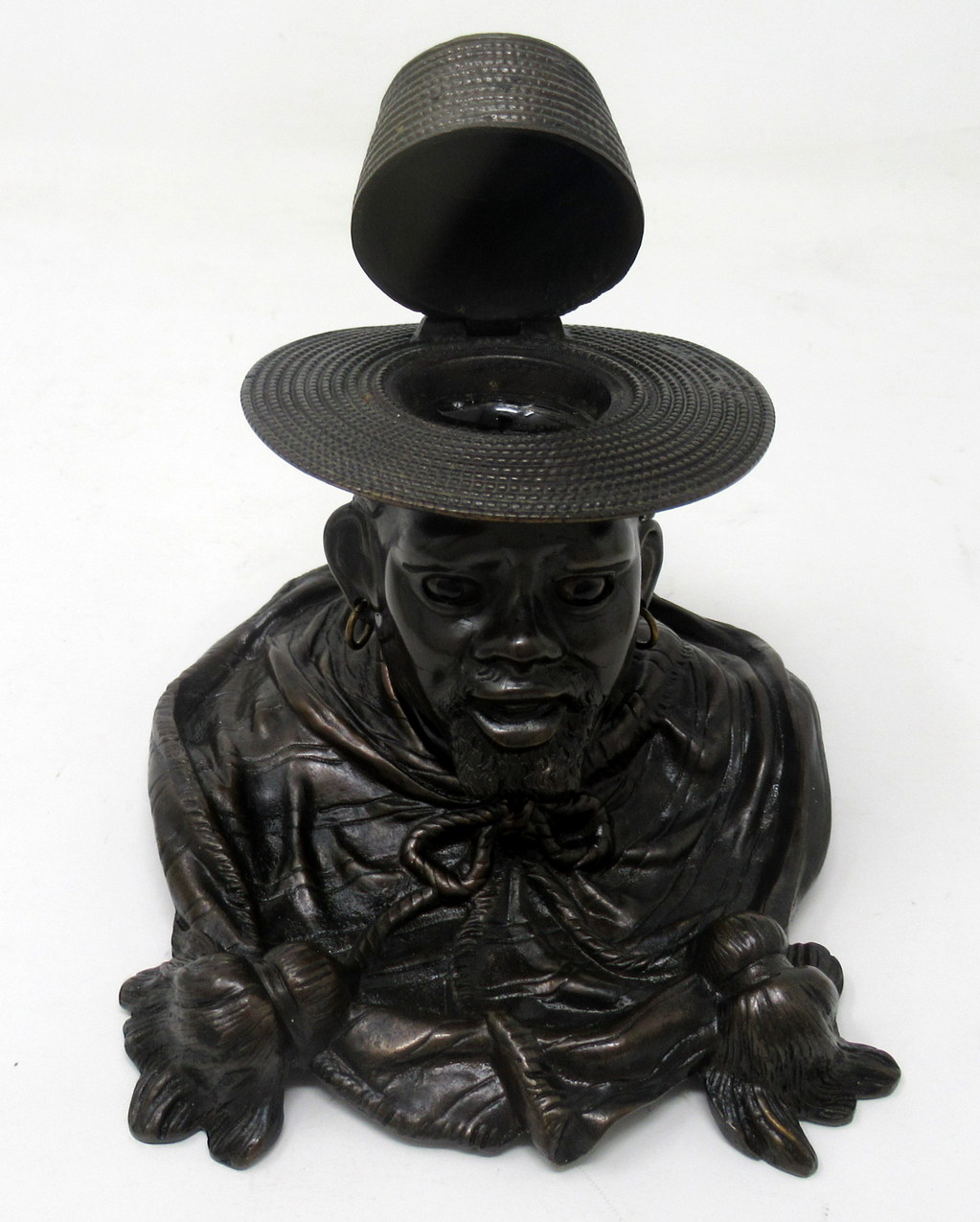 672. Antique Chinese Japanese Bronze Inkwell Male Bust Pair French Ormolu Desk Set - Image 6