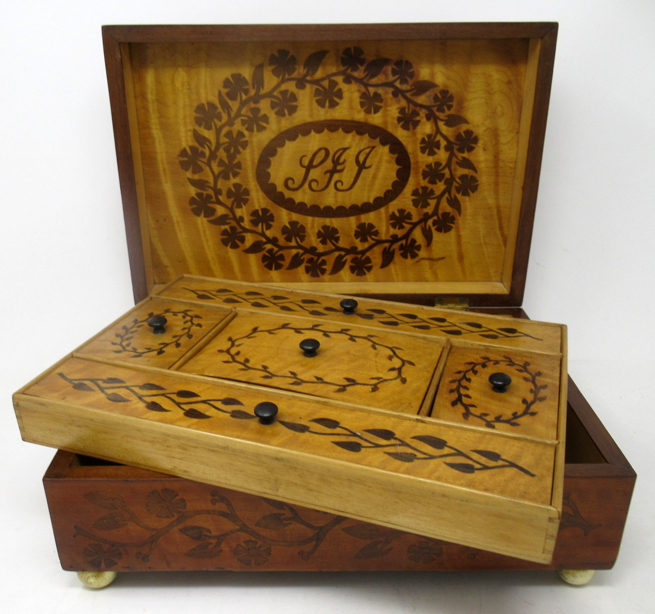 612. Antique Gentleman's Satinwood Mahogany Marquetry Jewellery Casket Table Box 19ct - Image 2