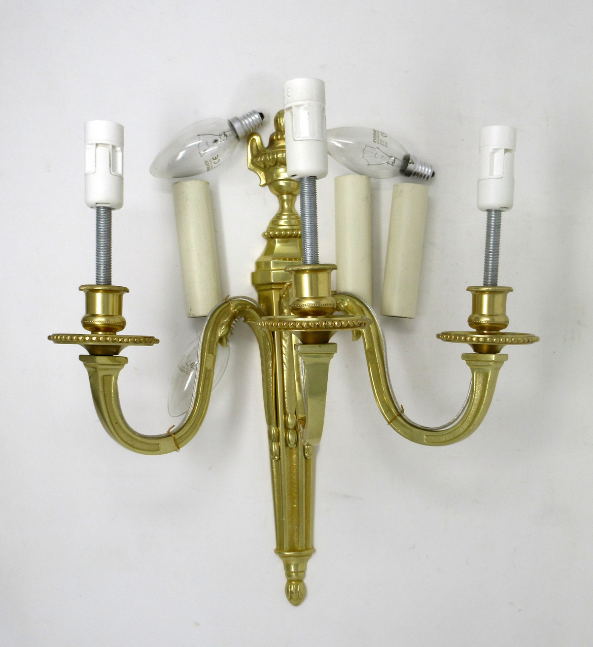 496. Antique Pair of English Gilt Bronze Three Light Wall Candle Sconces 19th Century - Image 6