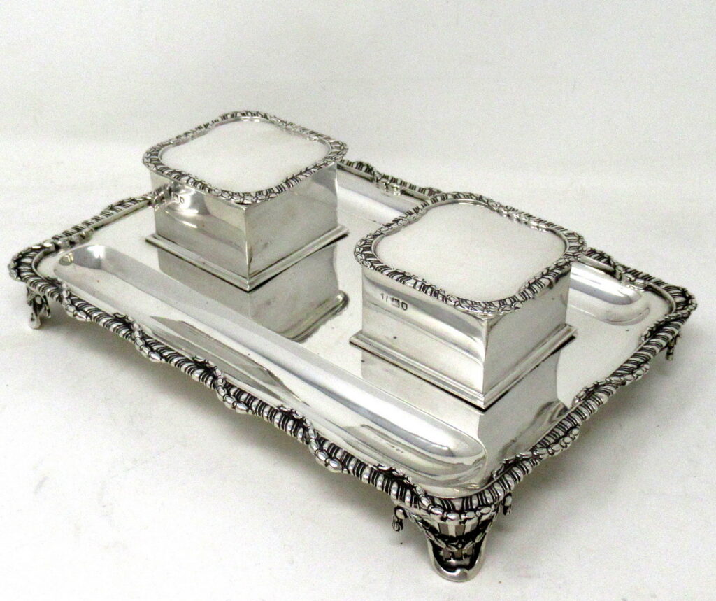 781. Antique Art Deco English Sterling Silver Ink Desk Inkstand Desk Set London 1910