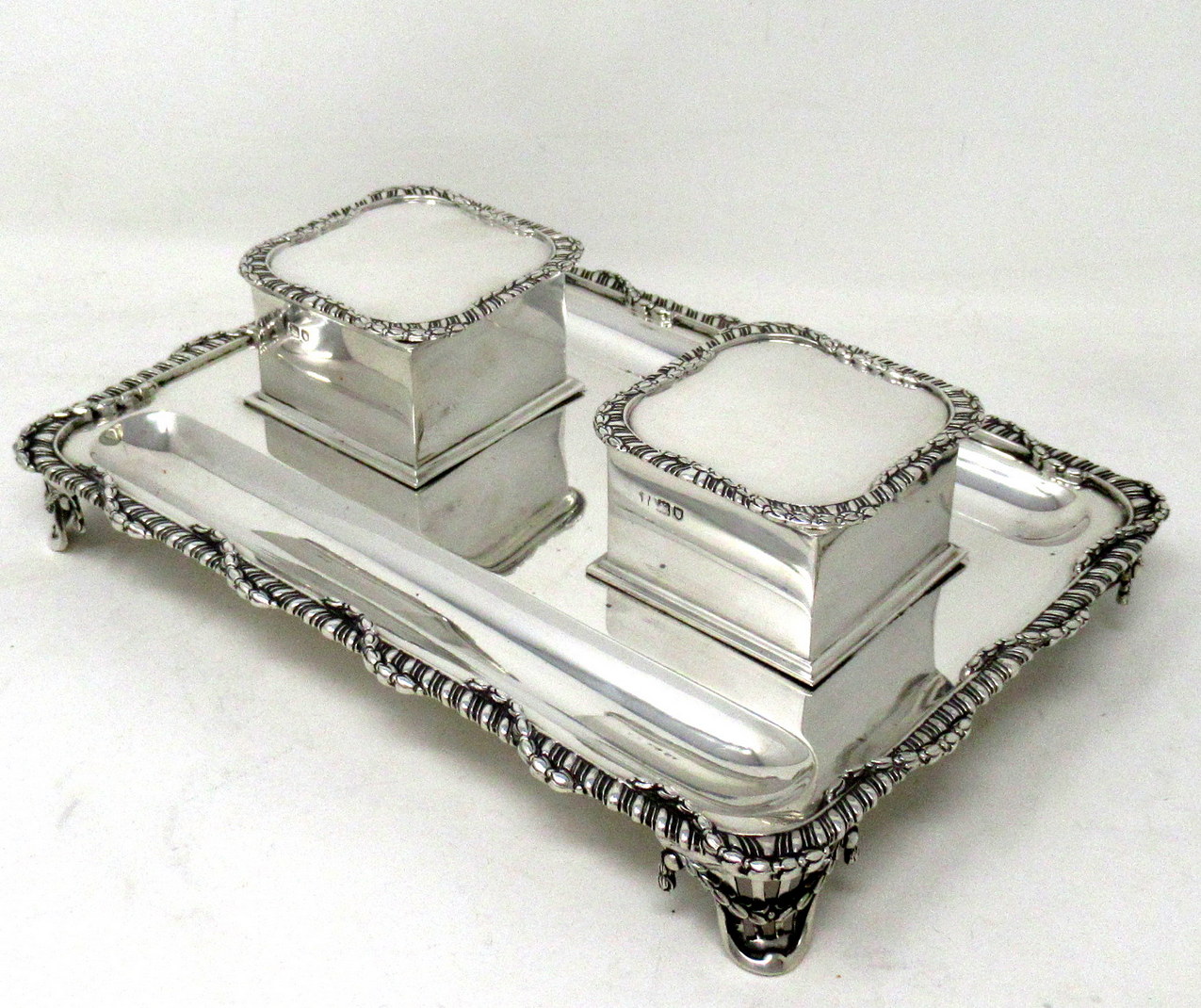 781. Antique Art Deco English Sterling Silver Ink Desk Inkstand Desk Set London 1910