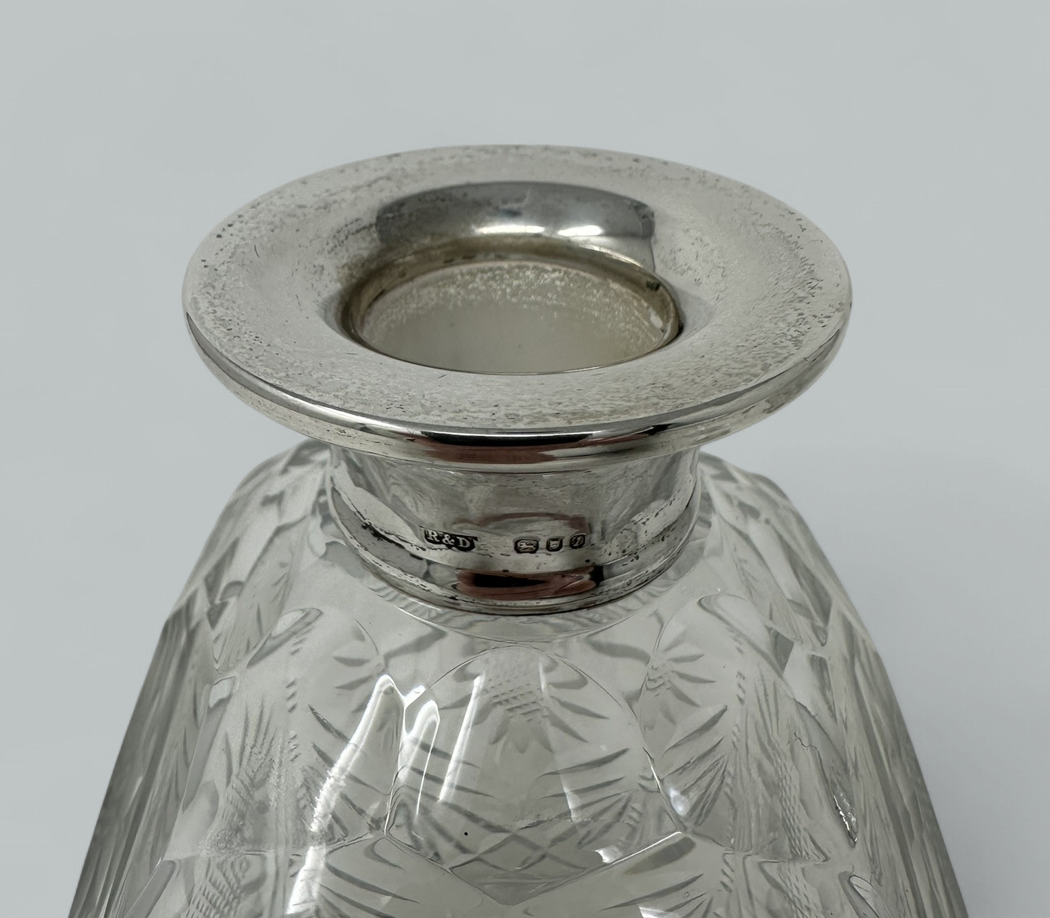 616. Pair Mid Century Full Lead Crystal Sterling Silver Spirits Wine Decanters, 1966 - Image 7