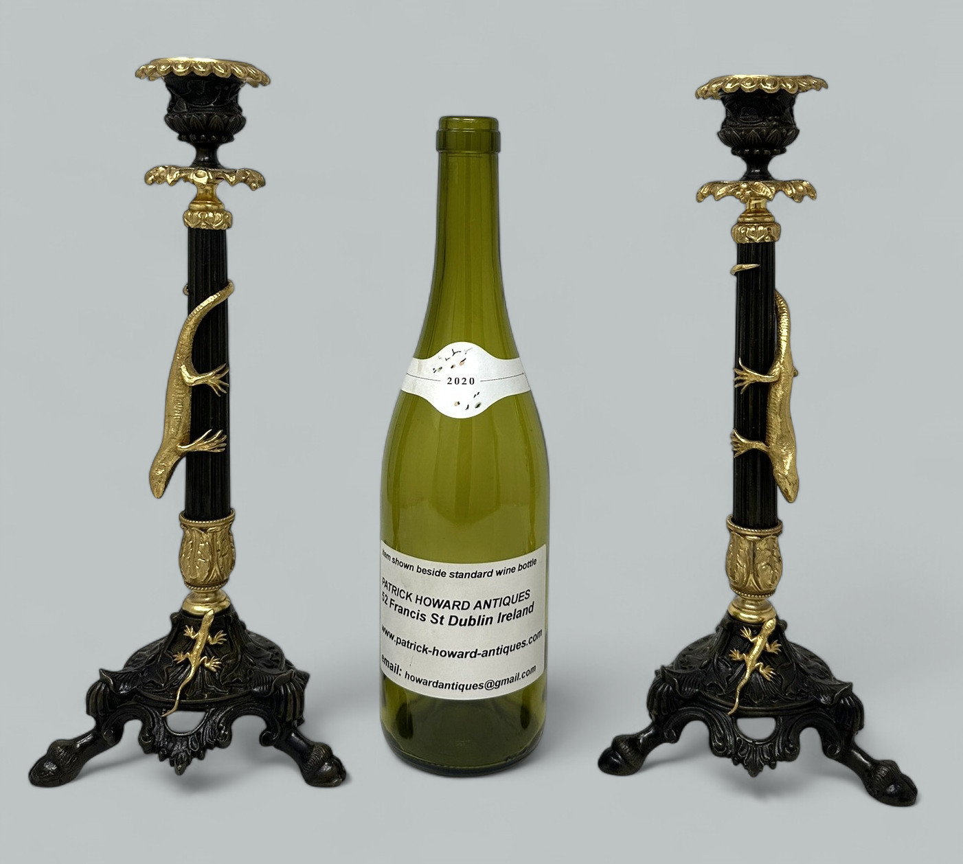 884. Antique Pair French Ormolu Gilt Bronze Dore Empire Candlesticks with Lizards 19C - Image 9