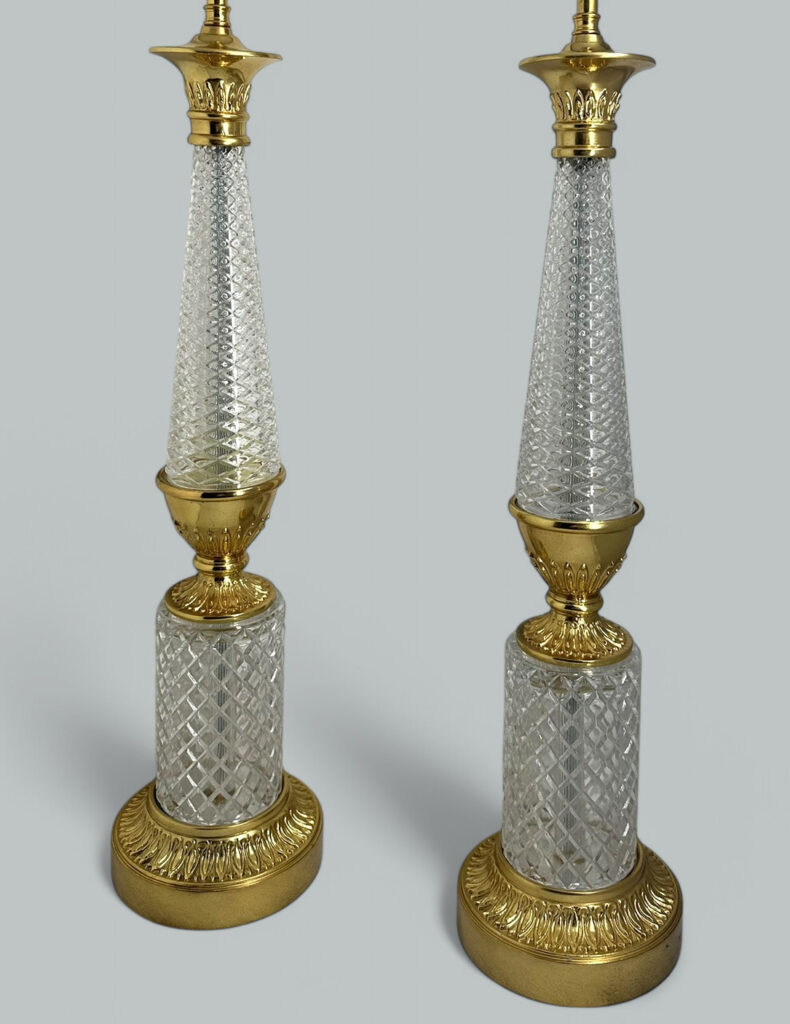 088. Antique Pair French Doré Bronze Neoclassical Ormolu Gilt Baccarat Crystal Lamps