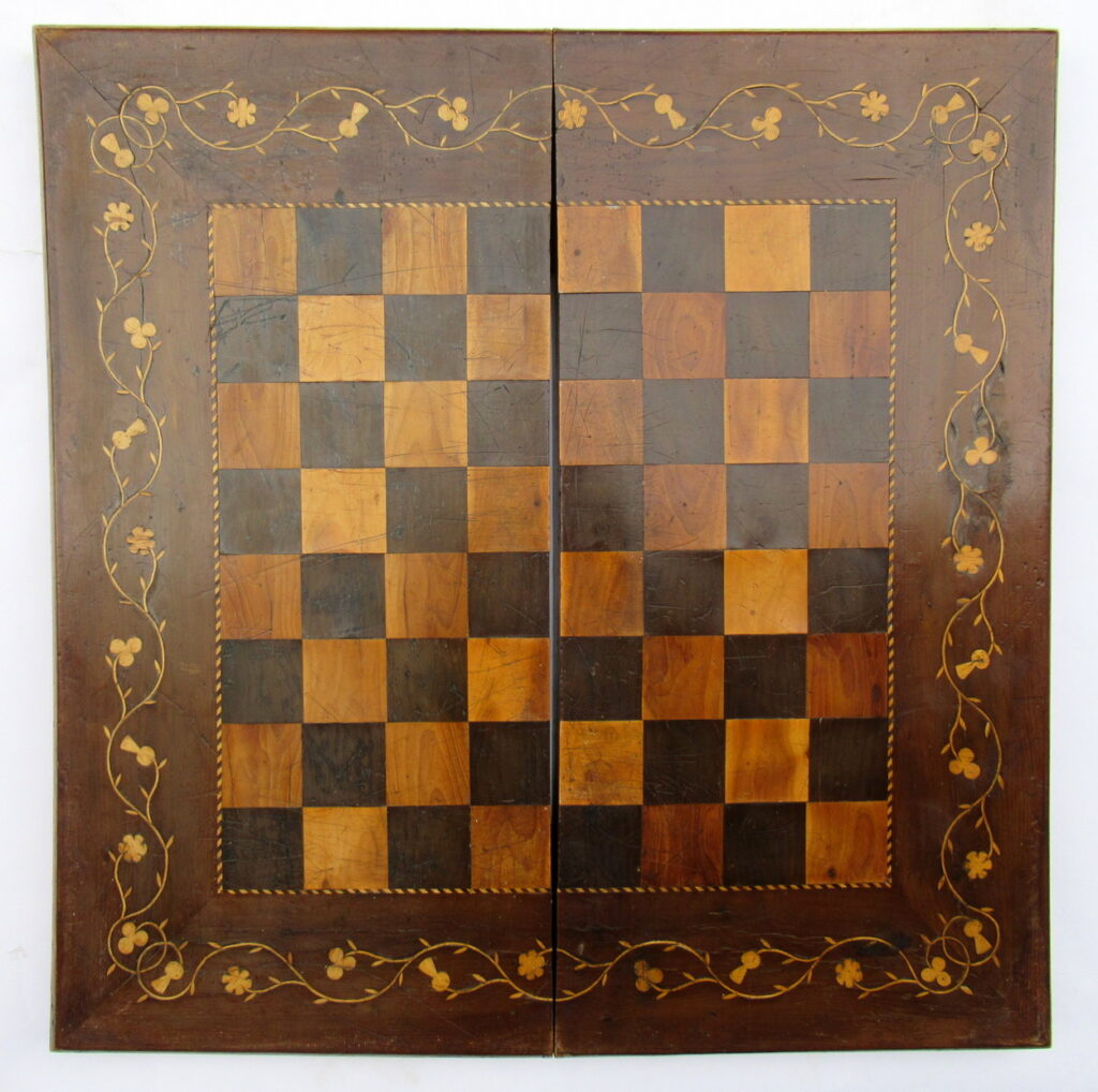 829. Rare Irish Killarneyware Arbutus Wood Backgammon Chess Set 19th Century