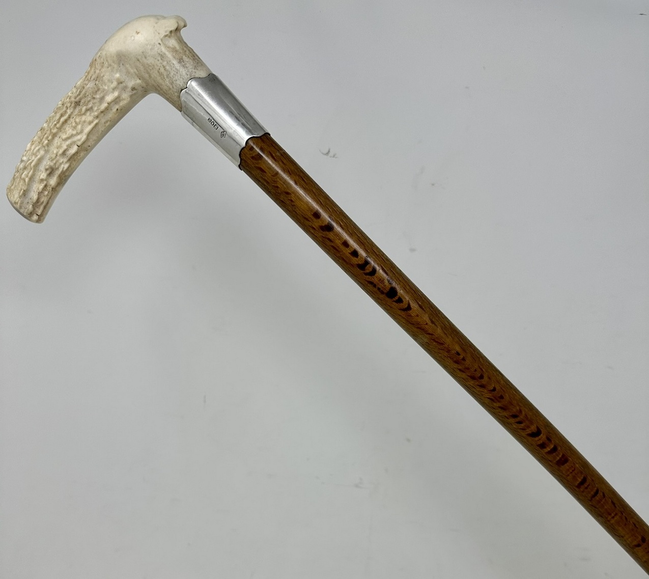 584. Antique Vintage Wooden Stag Antler Horn Walking Stick Cane Sterling Silver 1899 - Image 2