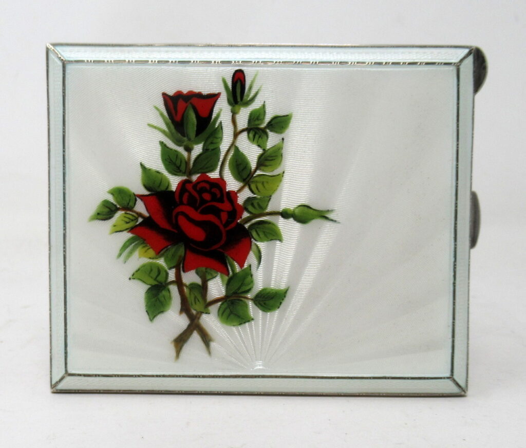 968. Antique Vintage Mid Century Sterling Silver Gilt Enameled Guilloche Card Case