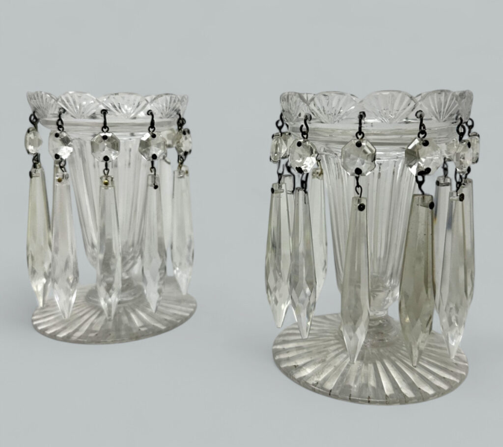022. Antique Pair possibly Irish Crystal Hand Cut Full Lead Lustres Vases Ireland 19C