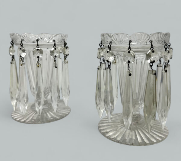 022. Antique Pair possibly Irish Crystal Hand Cut Full Lead Lustres Vases Ireland 19C