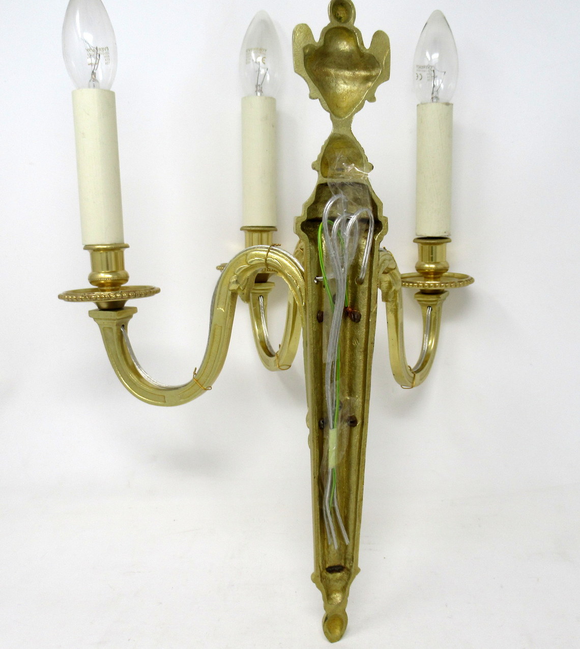 496. Antique Pair of English Gilt Bronze Three Light Wall Candle Sconces 19th Century - Image 5