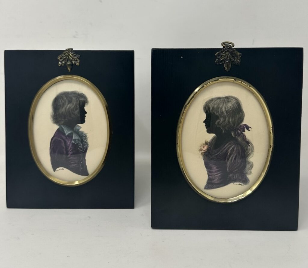 511. Antique Pair English Watercolor Paintings Silhouettes Ebony Frames Signed Turville