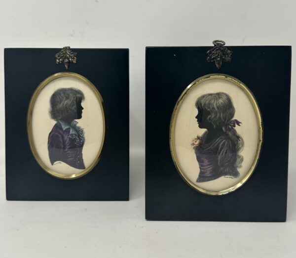 511. Antique Pair English Watercolor Paintings Silhouettes Ebony Frames Signed Turville