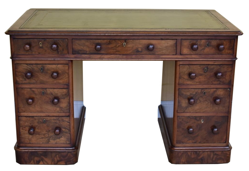 460. Superb Burr Walnut Early Victorian Twin Pedestal Desk 19thCt - Image 2
