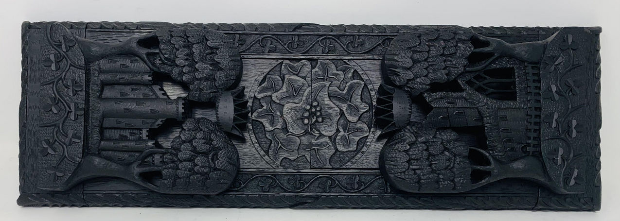 315. Irish Carved Bog Wood Oak Bookcase Harp Shamrock Cornelius Goggin Dublin Ireland - Image 10