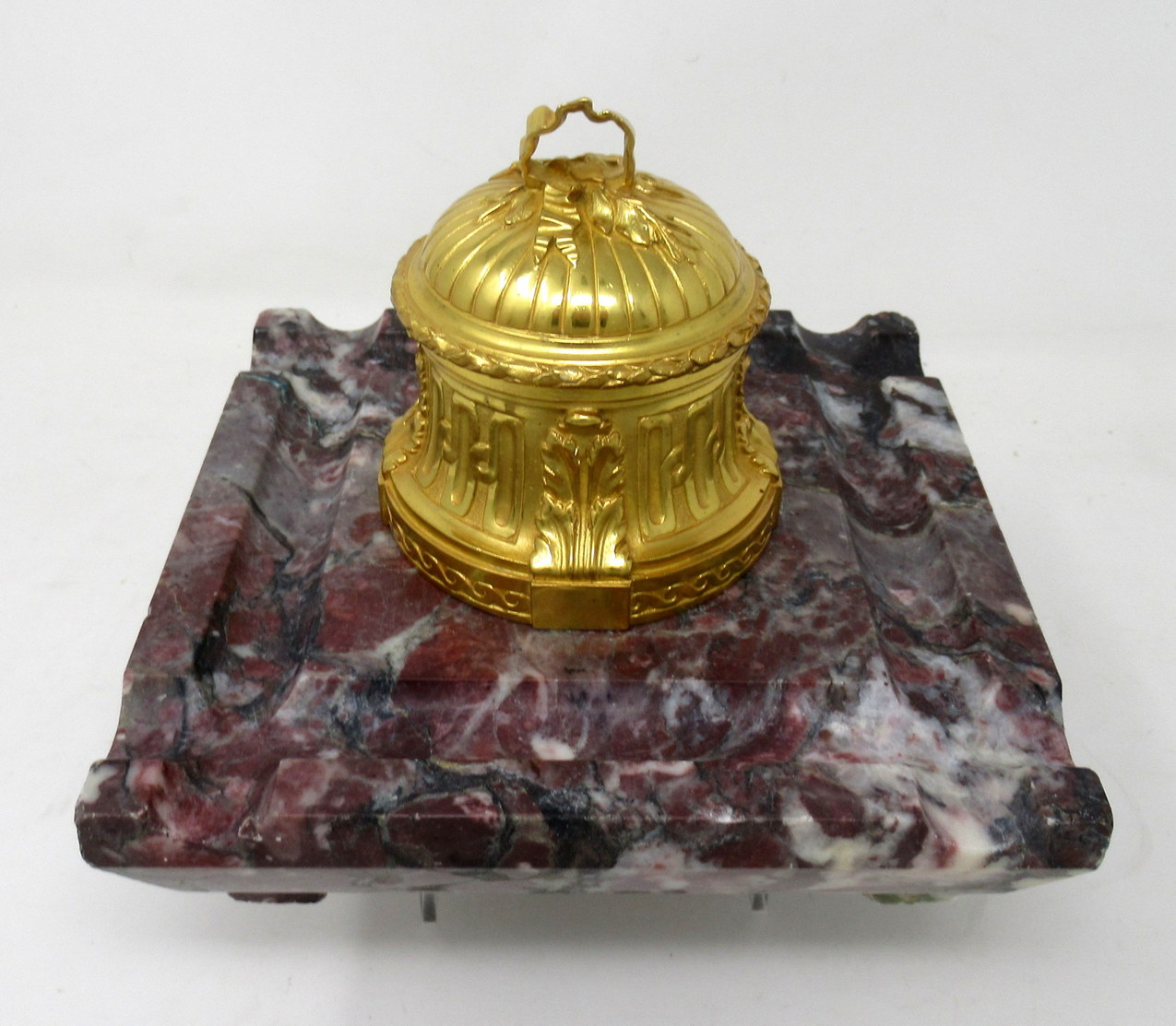 299. Antique French Ormolu Gilt Bronze Breche Violete Marble Desk Inkwell Centerpiece