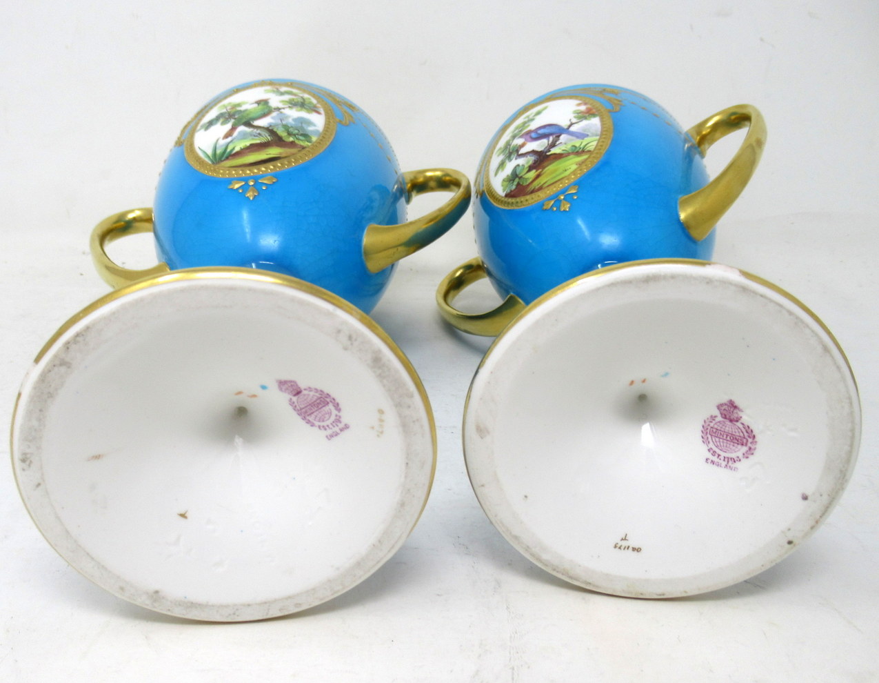 801. Antique Pair Minton Staffordshire Porcelain Vases Centerpieces Birds Turquoise - Image 7