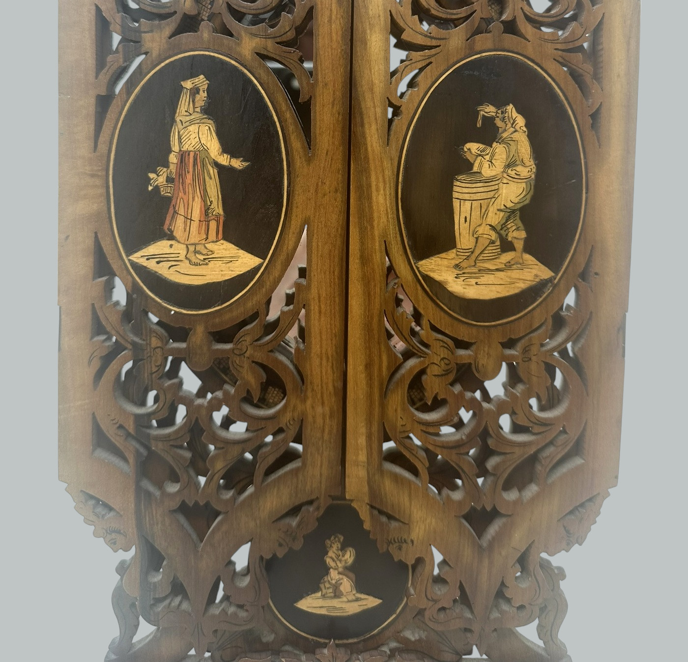 950. Antique Italian Triptych Sorrento Ware Walnut Crutch Oval Folding Mirror 19th Ct - Image 6