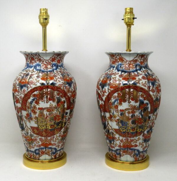 417. Antique Pair Japanese Chinese Imari Porcelain Ormolu Table Lamps Blue Red Gilt