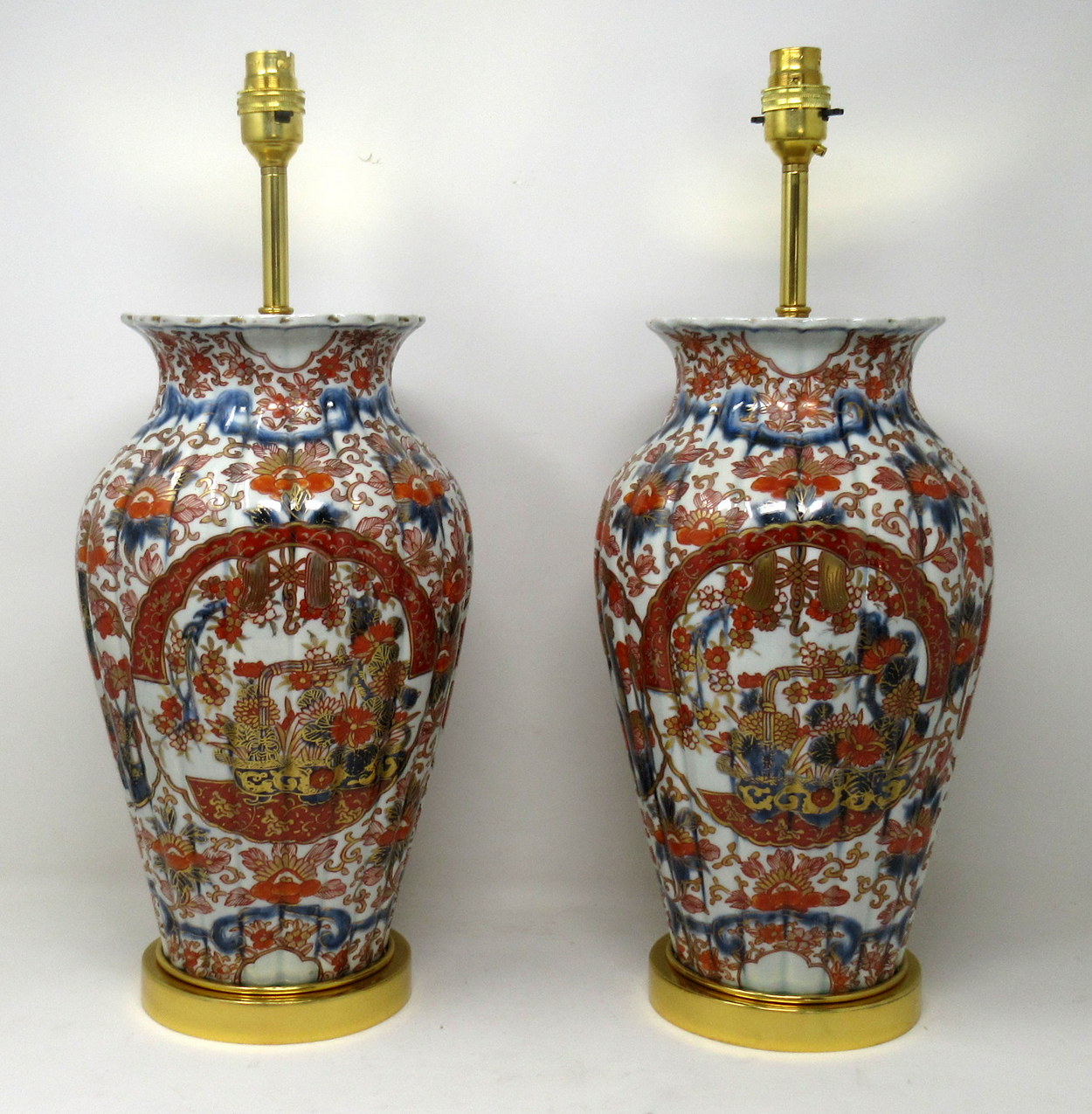 417. Antique Pair Japanese Chinese Imari Porcelain Ormolu Table Lamps Blue Red Gilt