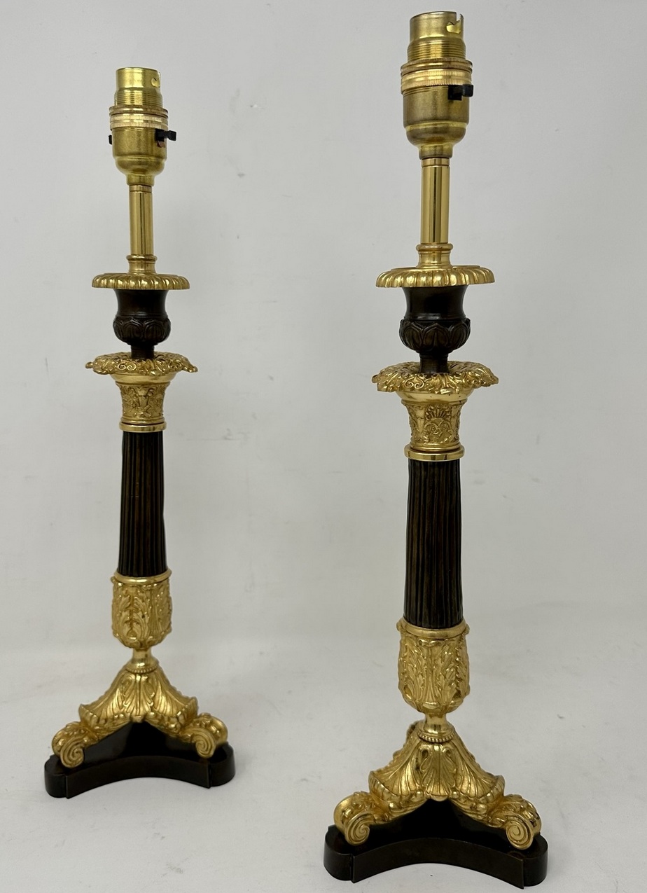 077. Antique Pair of French Doré Bronze Neoclassical Ormolu Gilt Candlestick Lamps