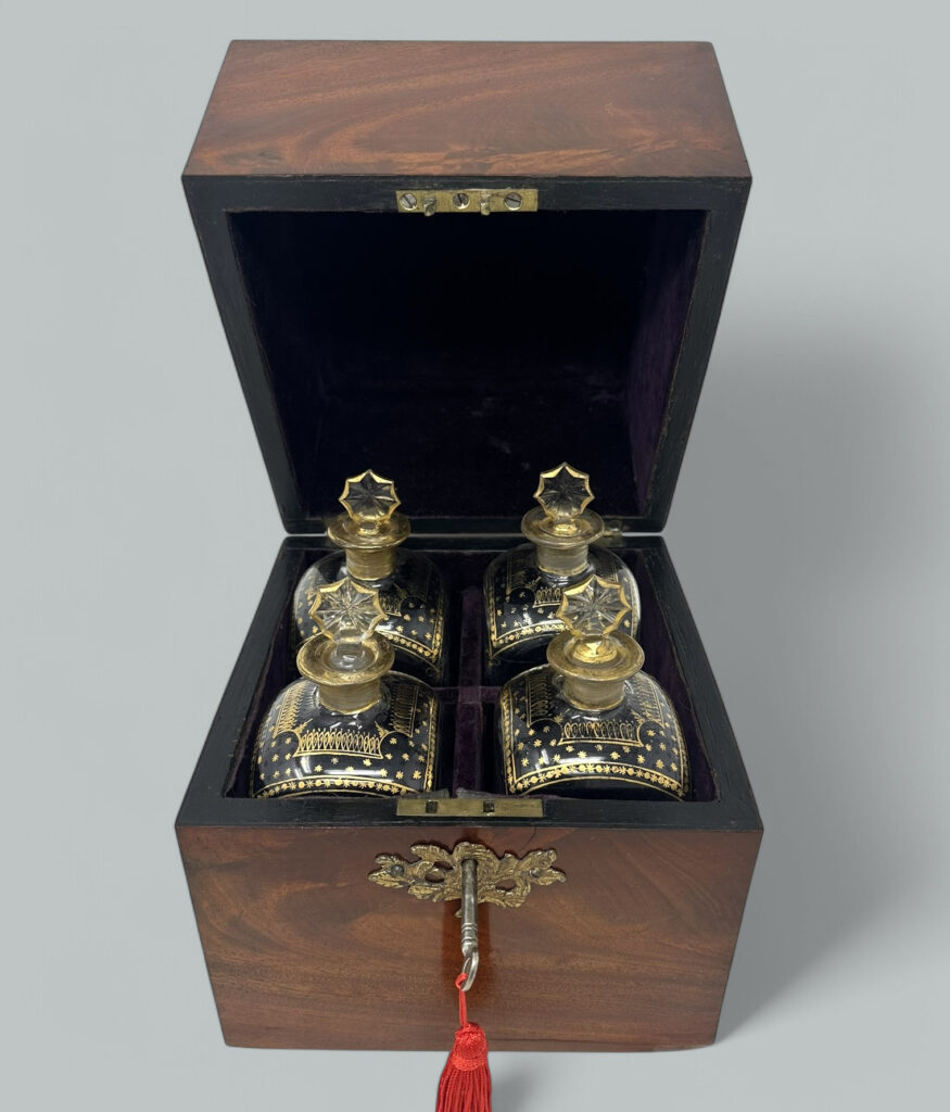 854. Antique Georgian Mahogany Tantalus Spirits Wine Decanter Crystal Decanters 19 Ct