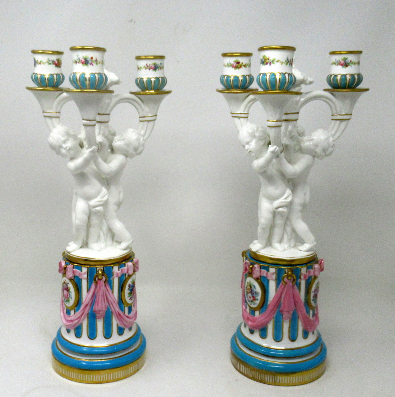 432. Antique Pair Minton Staffordshire Porcelain Candelabra Centerpieces Cherub 19C - Image 3