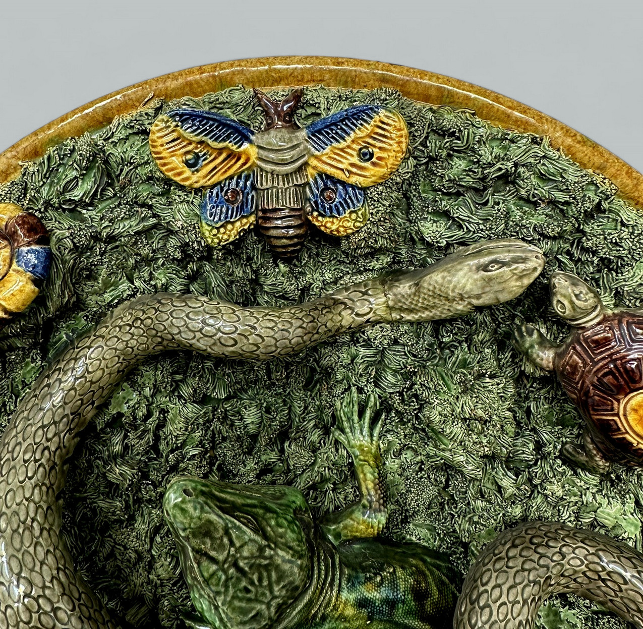 447. Antique Majolica Palissy Portuguese Charger by Jose A Cunha Butterfly Snake 1905 - Image 5