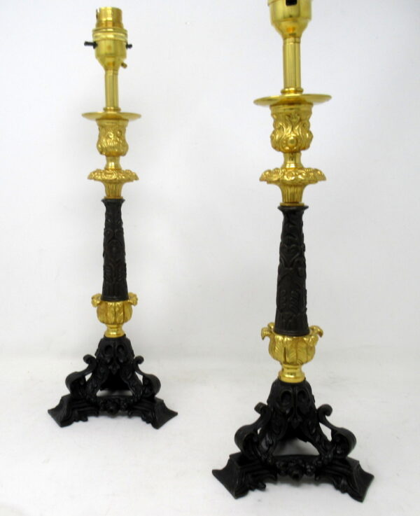 368. Antique Pair of French Doré Bronze Neoclassical Ormolu Gilt Candlestick Lamps
