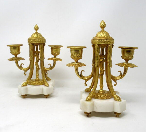 609. Pair French Ormolu White Marble Twin Arm Garniture Candelabra Candlesticks 19th Century