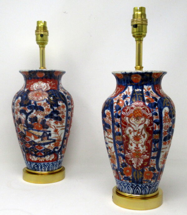 787. Antique Pair Japanese Chinese Imari Porcelain Ormolu Table Lamps Blue Red Gilt