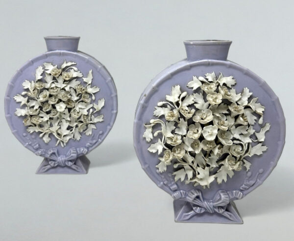 274. Antique Pair French Victorian Porcelain Urns Vases Moon Flasks 19thCt Provenance