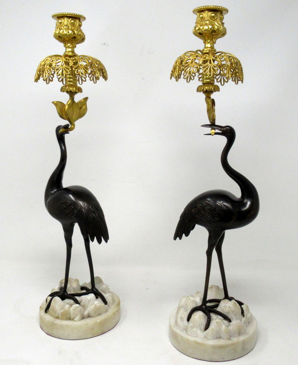 136. Antique Pair of English Ormolu Gilt Bronze Candlesticks Storks Cranes by Abbot - Image 2