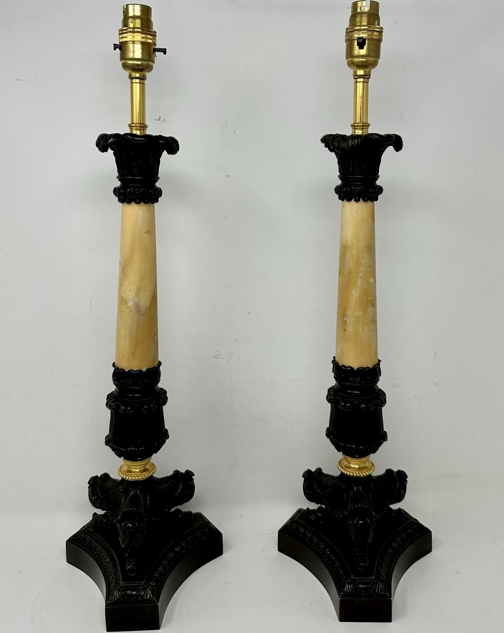 388. Antique Pair of French Doré Bronze Ormolu Sienna Marble Candlesticks Table Lamps - Image 4