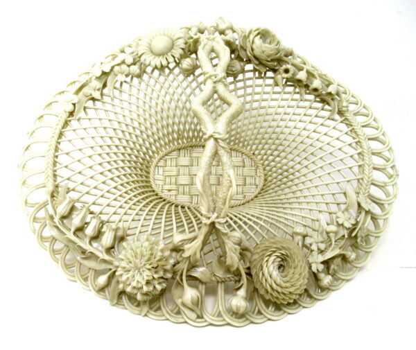 834. Antique Irish Belleek Porcelain Four Strand Basket Centerpiece 1865-1889 Ireland