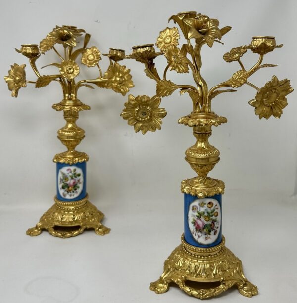 142. Antique Pair French Ormolu Gilt Bronze Sevres Porcelain Candelabras Candlesticks
