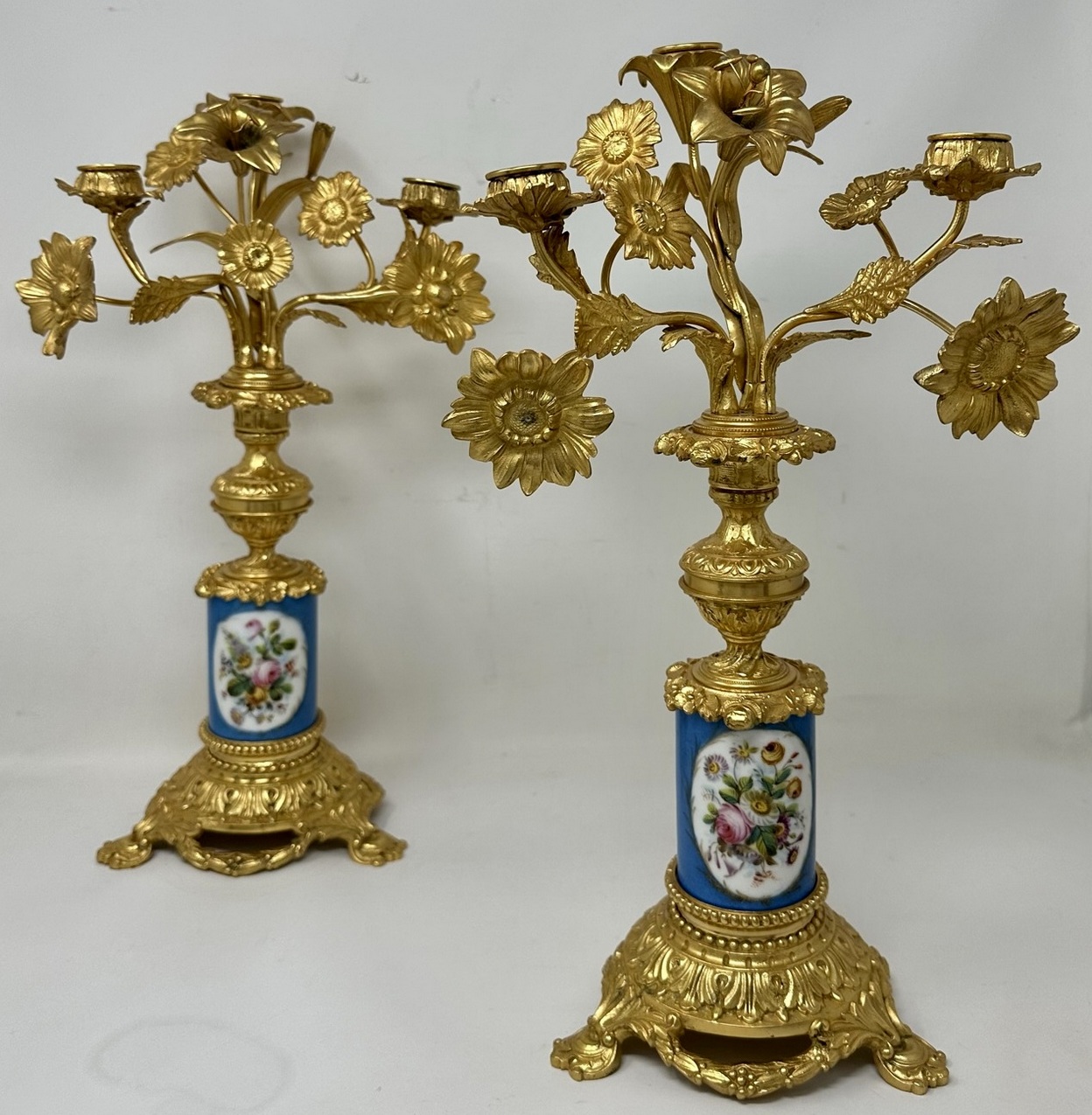 142. Antique Pair French Ormolu Gilt Bronze Sevres Porcelain Candelabras Candlesticks