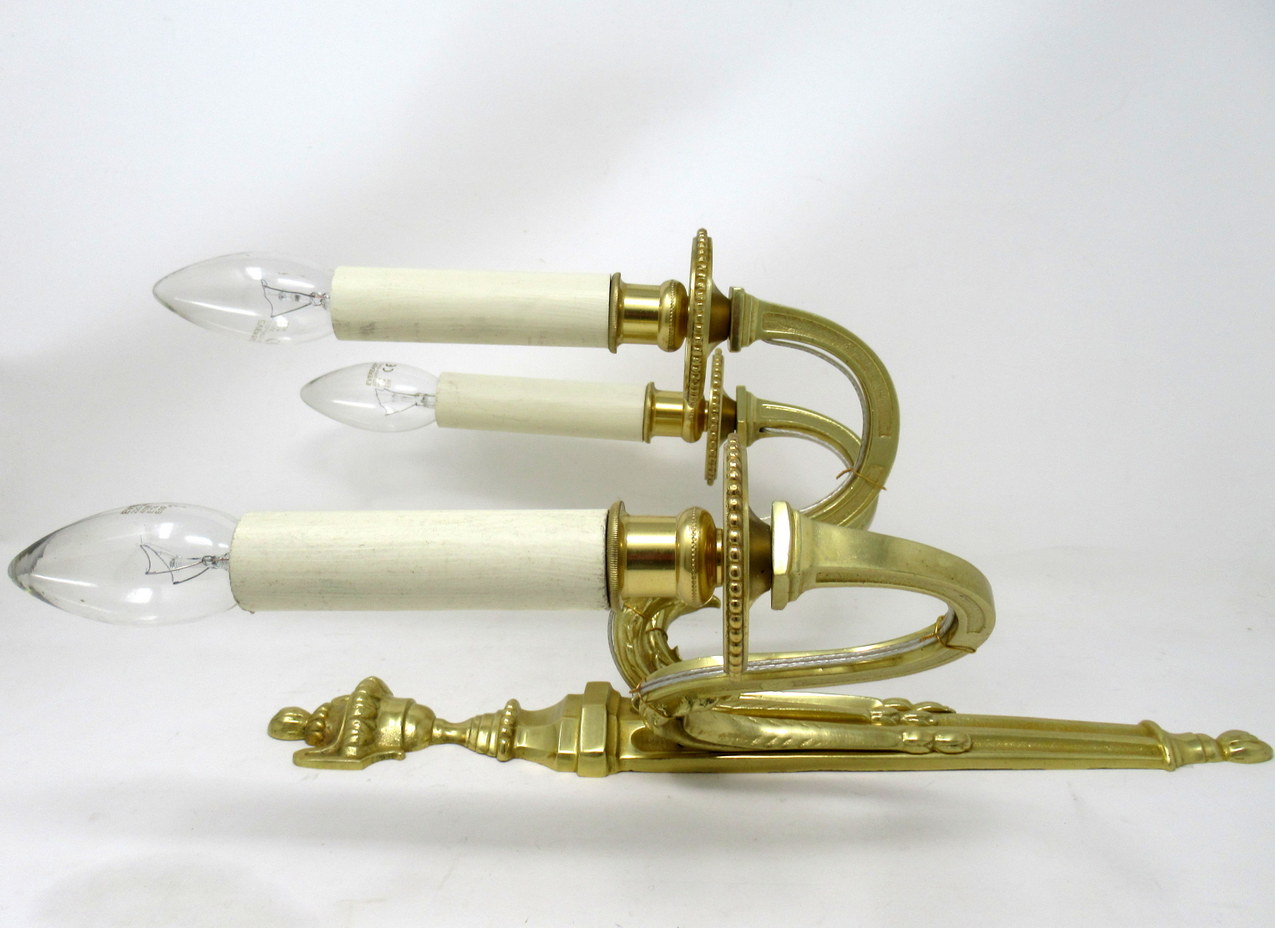 496. Antique Pair of English Gilt Bronze Three Light Wall Candle Sconces 19th Century - Image 9